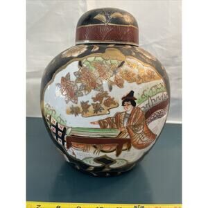 Vintage Satsuma Style Ginger Jar Vase Hand Painted Gold Black 11 Inches